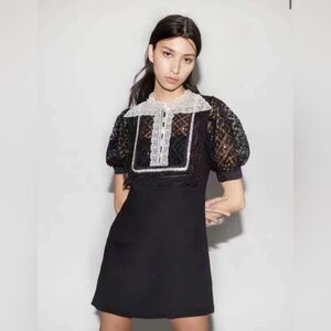 Self Portrait - Black Crepe Fine Lace Mini Dress (Black)